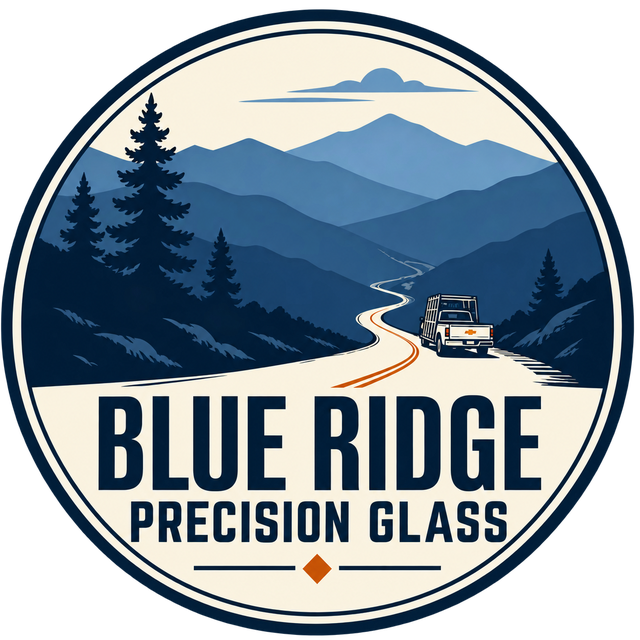 Blue Ridge Precision Glass mountain road emblem